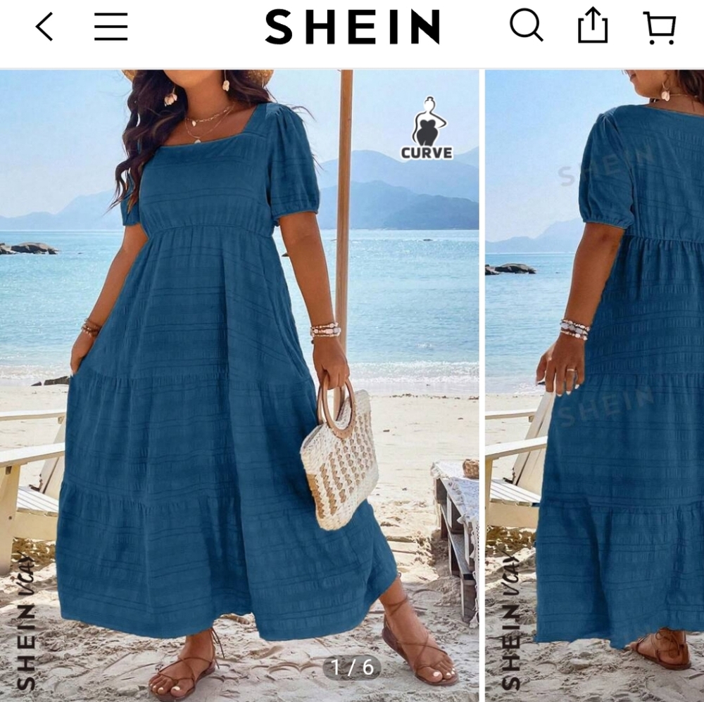 Shein Vcay Plus dress, square neck, puffed sleeve ruffle hem, Dusty Blue, 2X(16) - Picture 6 of 7
